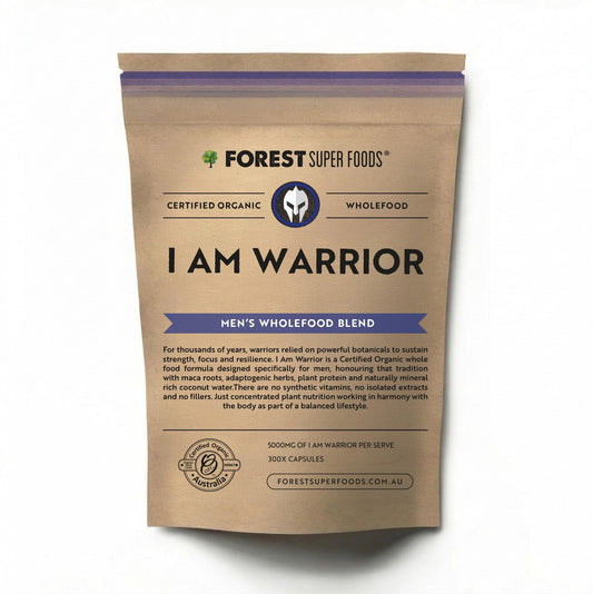 Forest Super Foods I Am Warrior men's wholefood blend supplement pouch, front label