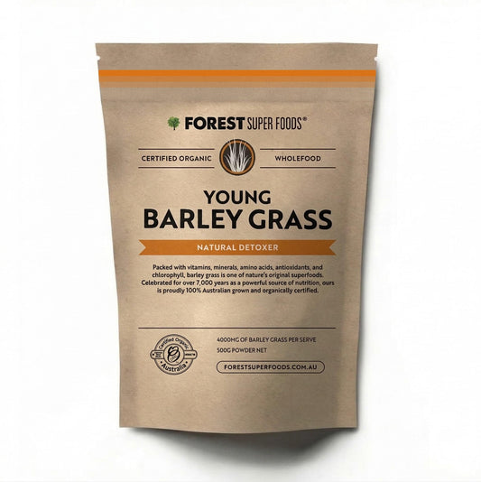 Young barley grass supplement pouch, kraft paper with orange top stripe