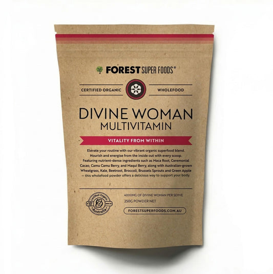 Organic multivitamin powder pouch with Divine Woman label and Forest Super Foods branding.