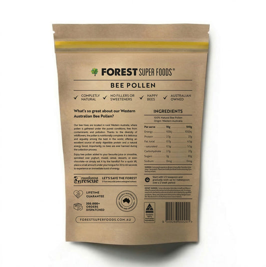 Bee pollen supplement pouch back side with nutrition facts and ingredients panel on brown paper