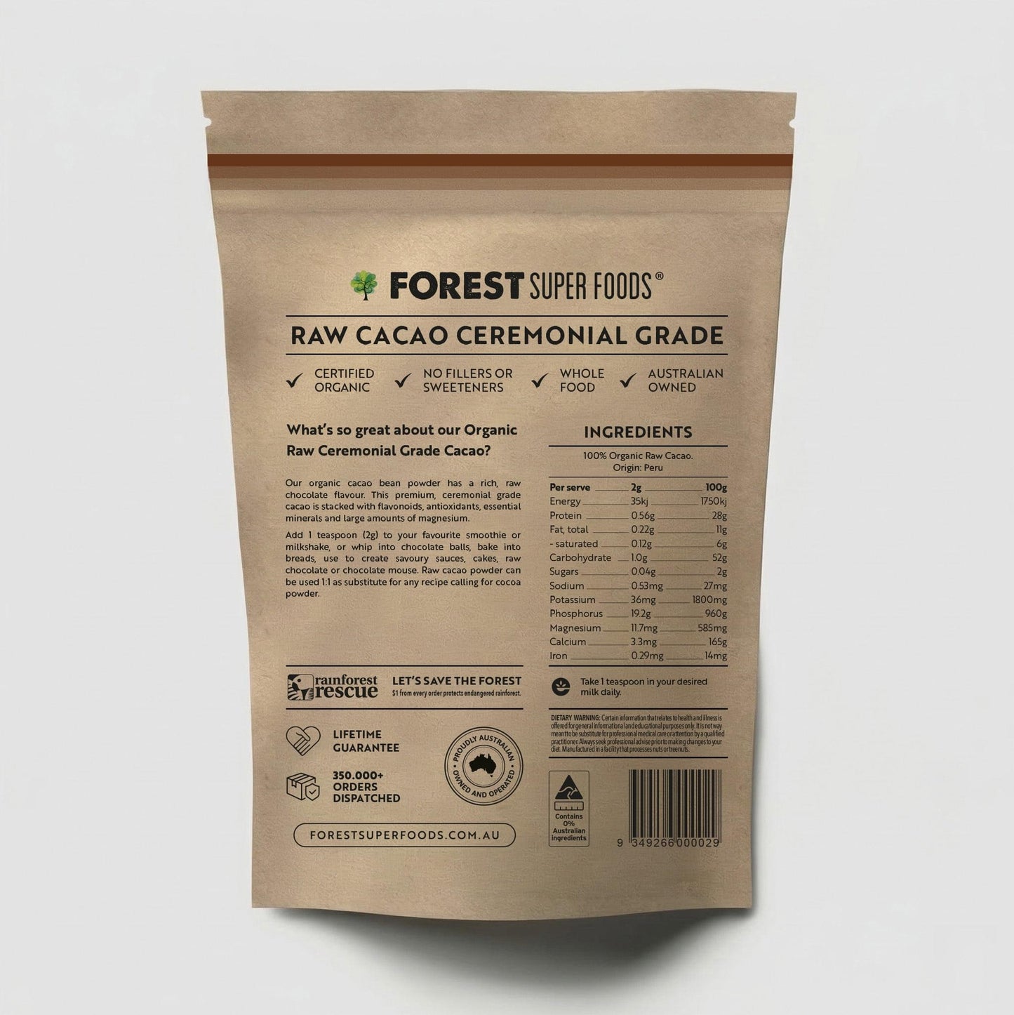 Raw cacao ceremonial grade pouch back, ingredients and nutrition facts panel