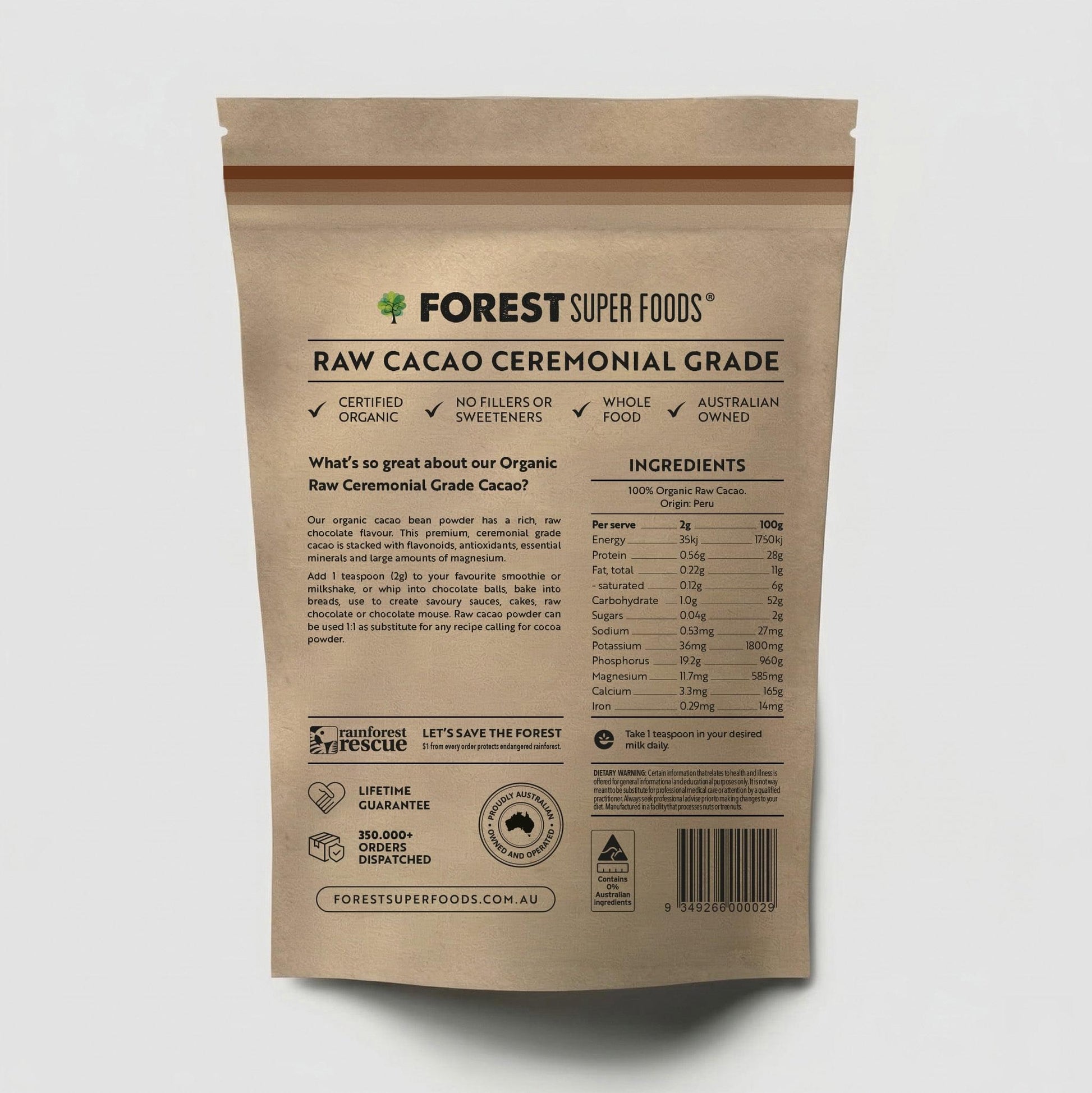 Raw cacao ceremonial grade pouch back, ingredients and nutrition facts panel