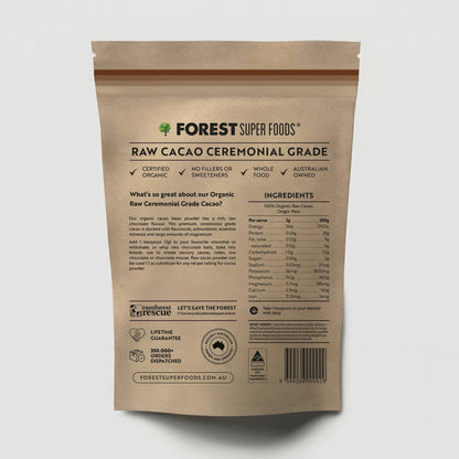 Raw cacao ceremonial grade pouch back, ingredients and nutrition facts panel