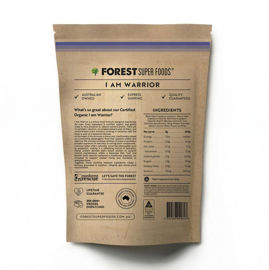 Forest Super Foods I Am Warrior supplement pouch, back with ingredients panel and barcode