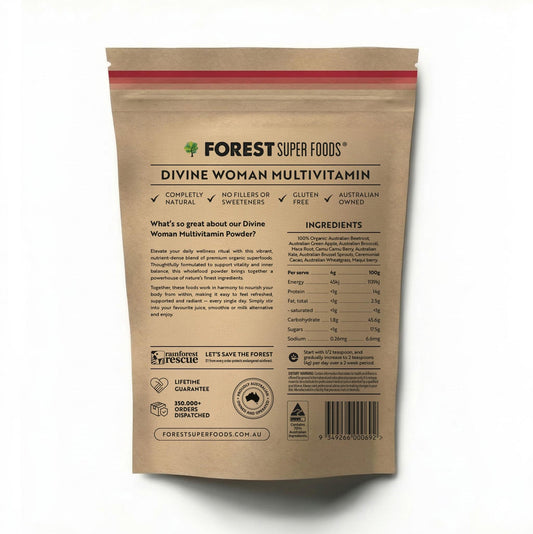 Organic multivitamin powder pouch back panel with ingredients and nutrition facts table.