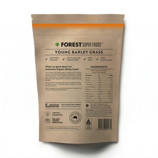 Young barley grass supplement pouch back panel with ingredient and barcode details