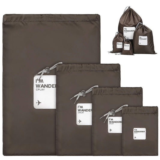 Brown packing cubes set with drawstring pouches, multiple organizers in varying sizes