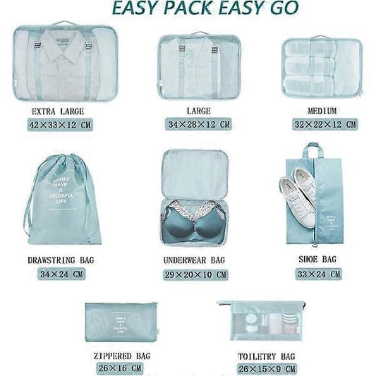 Light blue packing cubes set shown in large, medium, and extra-large sizes
