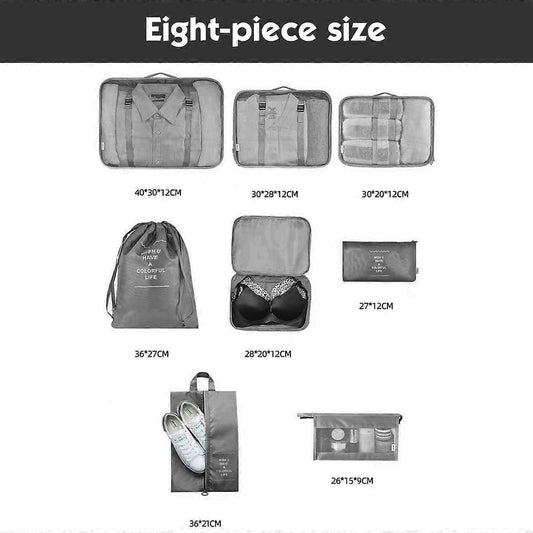 Travel packing cubes set, diagram showing different pouch sizes