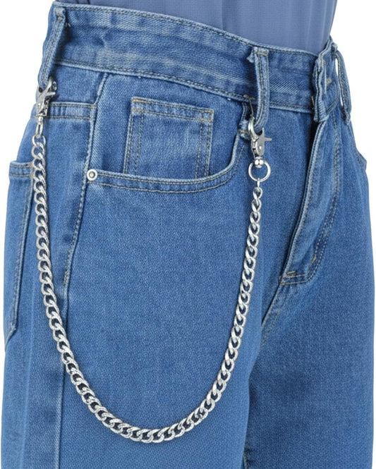 Silver wallet chain attached to blue denim jeans with side clip and links