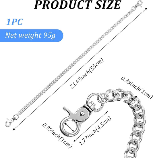 Silver pants chain wallet chain with clasp and chain links in a straight layout