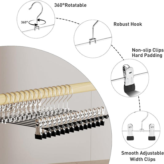 Multi-clip pants hanger with non-slip padded grips and 360° rotating hook