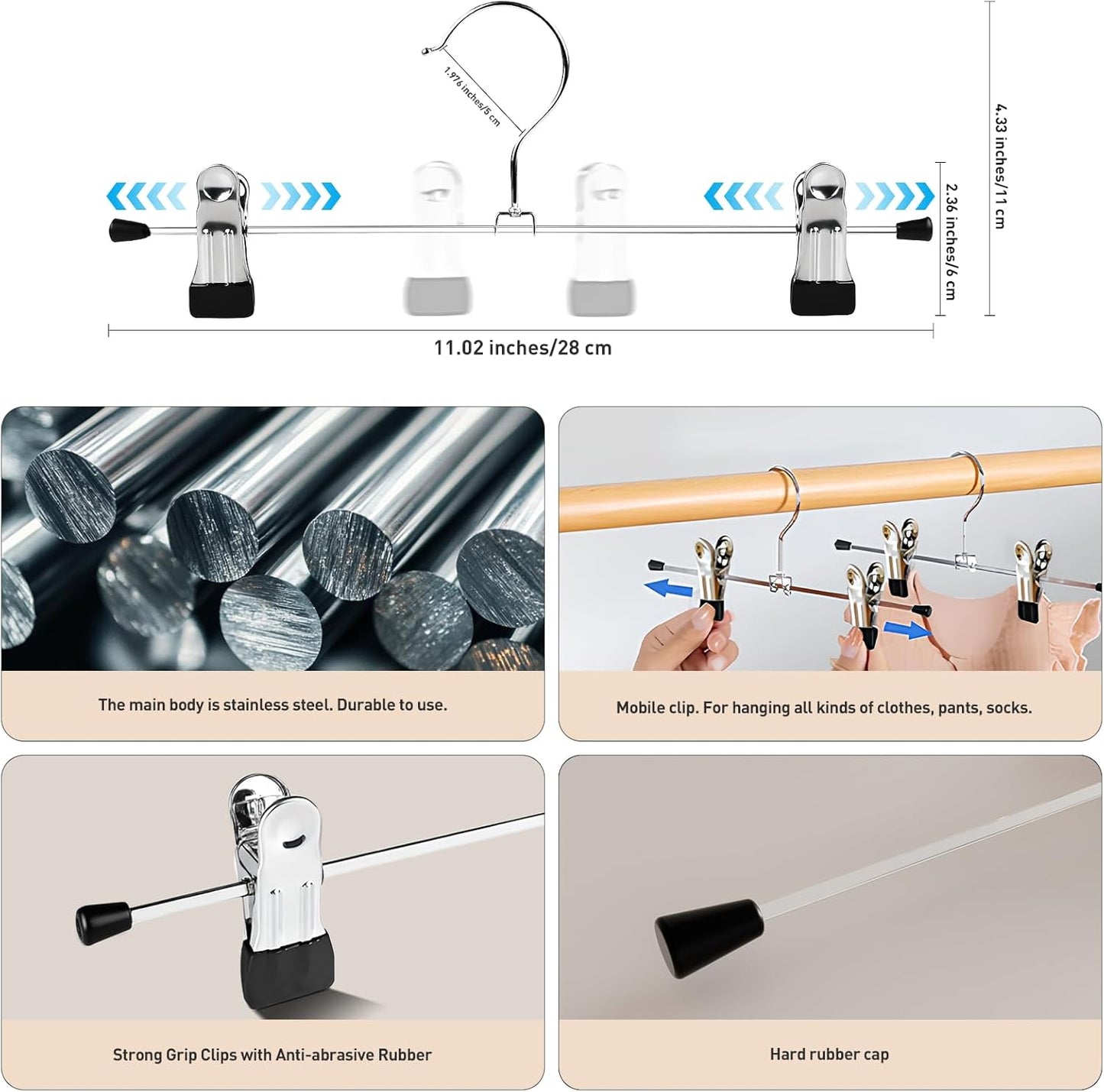 Pants Hanger,  Trouser Hangers 20 Pcs Space Saving Skirt Hangers with Clips Pant Hangers Adjustable Non-Slip Coat Suit Skirt Hangers Heavy Duty Chrome Clothes Hangers Clothes Hook