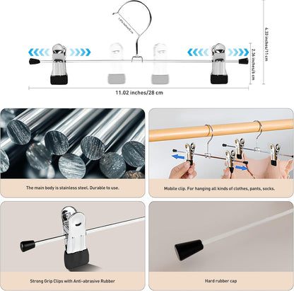 Pants Hanger,  Trouser Hangers 20 Pcs Space Saving Skirt Hangers with Clips Pant Hangers Adjustable Non-Slip Coat Suit Skirt Hangers Heavy Duty Chrome Clothes Hangers Clothes Hook