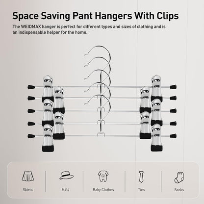 Pants Hanger,  Trouser Hangers 20 Pcs Space Saving Skirt Hangers with Clips Pant Hangers Adjustable Non-Slip Coat Suit Skirt Hangers Heavy Duty Chrome Clothes Hangers Clothes Hook