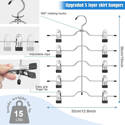 Metal 5-tier skirt hanger with 360 rotating hooks and adjustable clips.