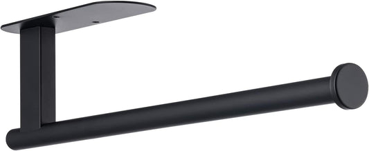 Black paper towel holder with vertical support and long horizontal mounting bar