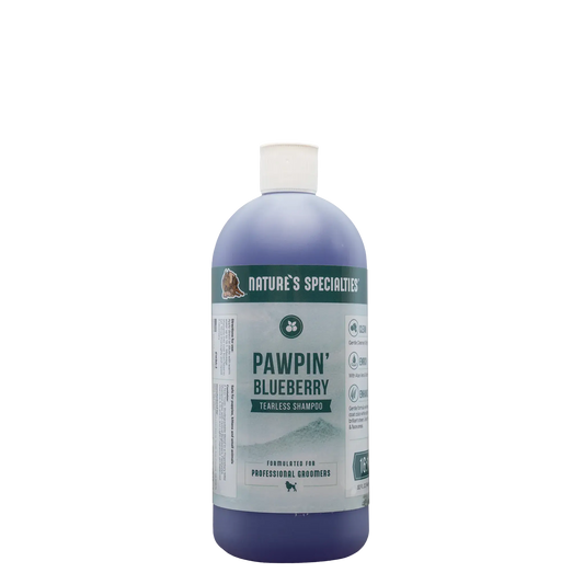 Natures Specialties Pawpin' Blueberry shampoo bottle, lavender-blue with white cap
