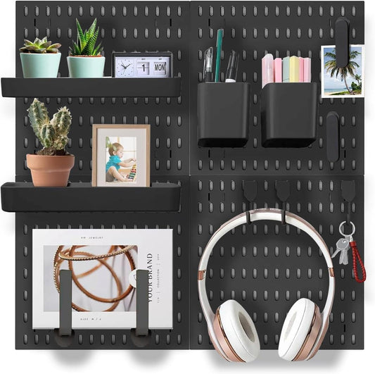 Pegboard wall organizer kit with gray pegboards and black storage shelves