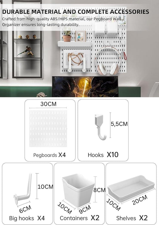 Pegboard accessory set with hooks, containers, shelves and four pegboards