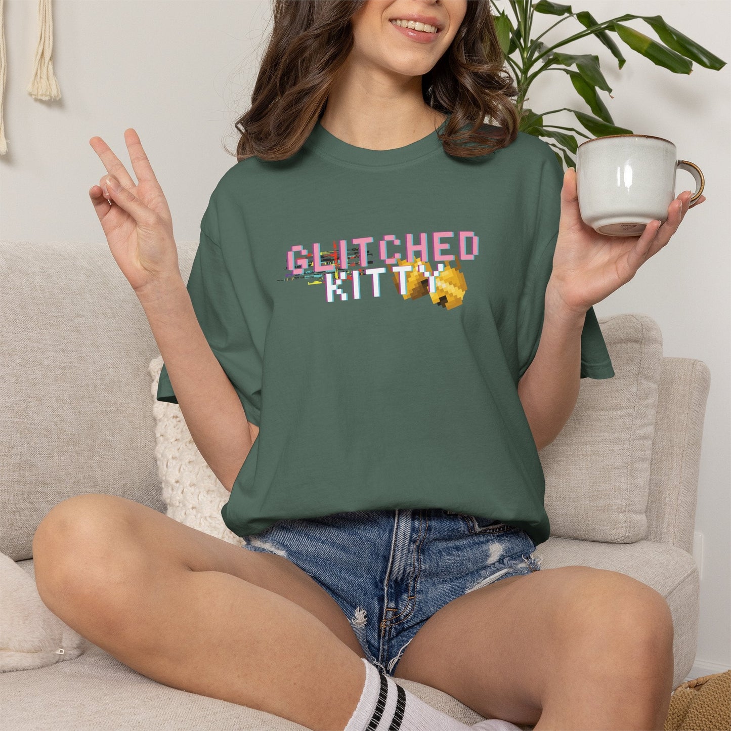 Glitched Kitty Tee Retro Pixel Cat Graphic Tee  Glitchcore