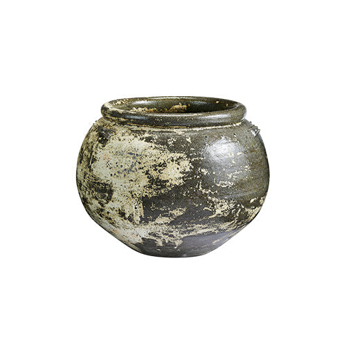 Phooket speckled round planter pot with dark green and light cream glaze finish