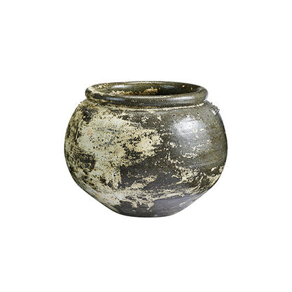 Phooket speckled round planter pot with dark green and light cream glaze finish
