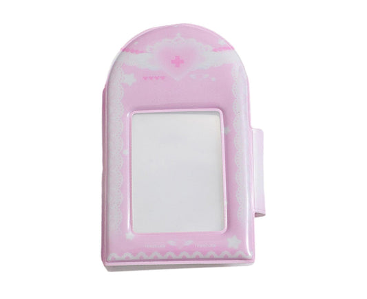 Pink PVC card album with rounded front pocket window and small side strap