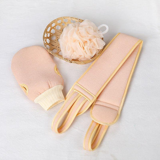 Pink bath set: long back scrubber, exfoliating glove and loofah sponge