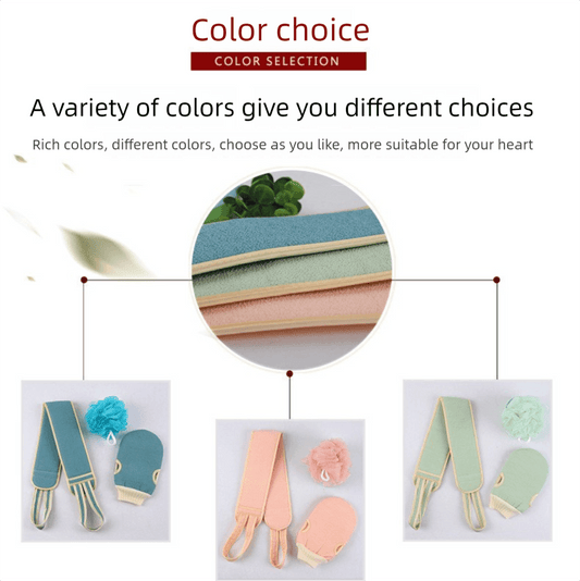 Bath set color options with towels, gloves and sponges in multiple colors