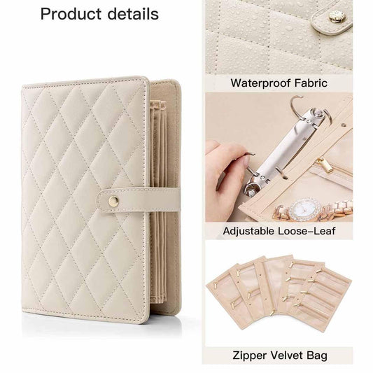 Quilted jewelry organizer binder with adjustable loose-leaf pages and side zipper pocket