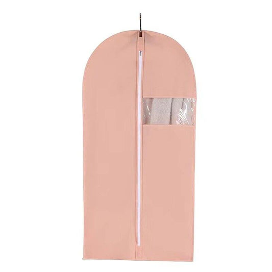 Pink dustproof garment bag with clear front window and vertical zipper