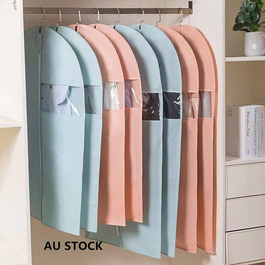 Hanging garment covers in pink and blue, with clear front pockets