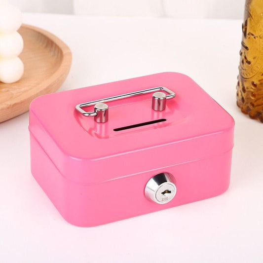 Pink lockable metal cash box with coin slot and front key lock