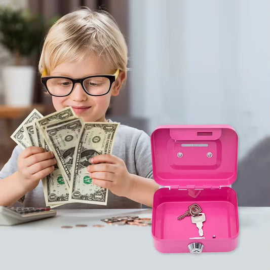 Pink lockable metal cash box open with coin slot and keys