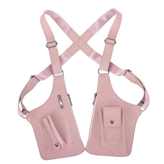 Pink chest rig bag with cross-back adjustable straps and front utility pockets