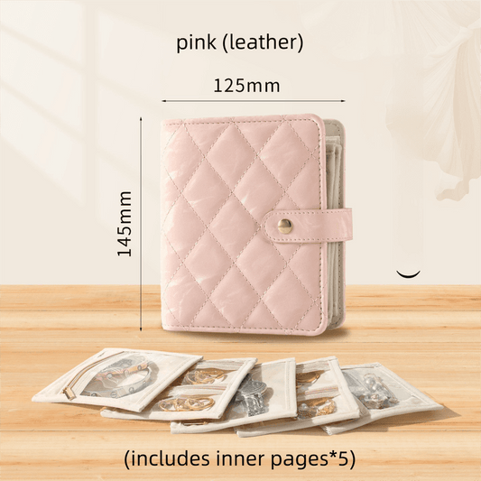 Pink quilted leather jewelry storage book with snap strap and card-style inner pages