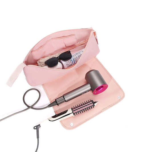 Pink roll-up insulated travel case with snap strap and interior compartments for tools