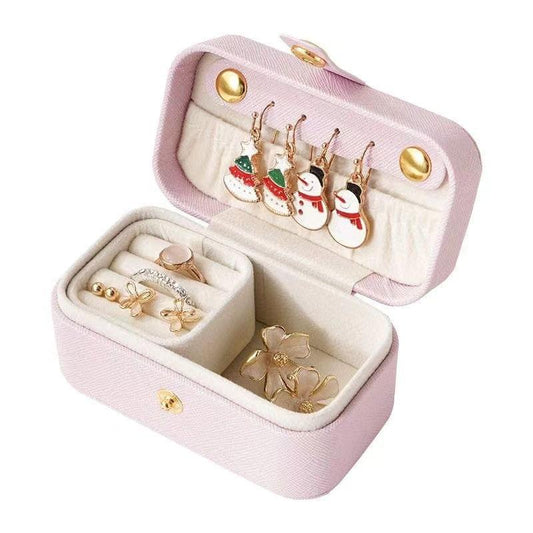 Pink mini jewelry travel case with compartments and ring tray, open view