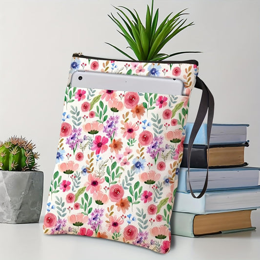 Floral book sleeve with pink, blue, and green flowers; zip closure and carry strap.