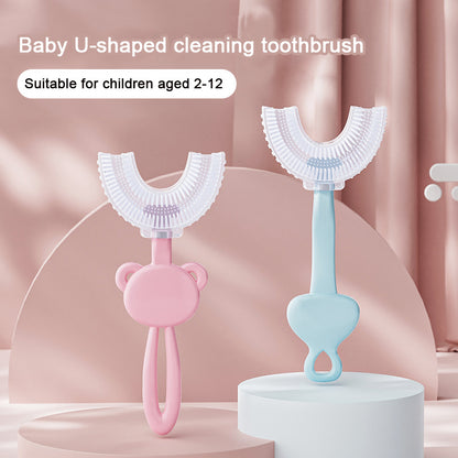 Pink frog U-Shaped Kids Toothbrush - Food Grade Silicone Manual Toothbrush for 2-12 Year Olds - 360 degree Full Mouth Cleaning Baby Oral Care - Comes with Wall Mount Holder