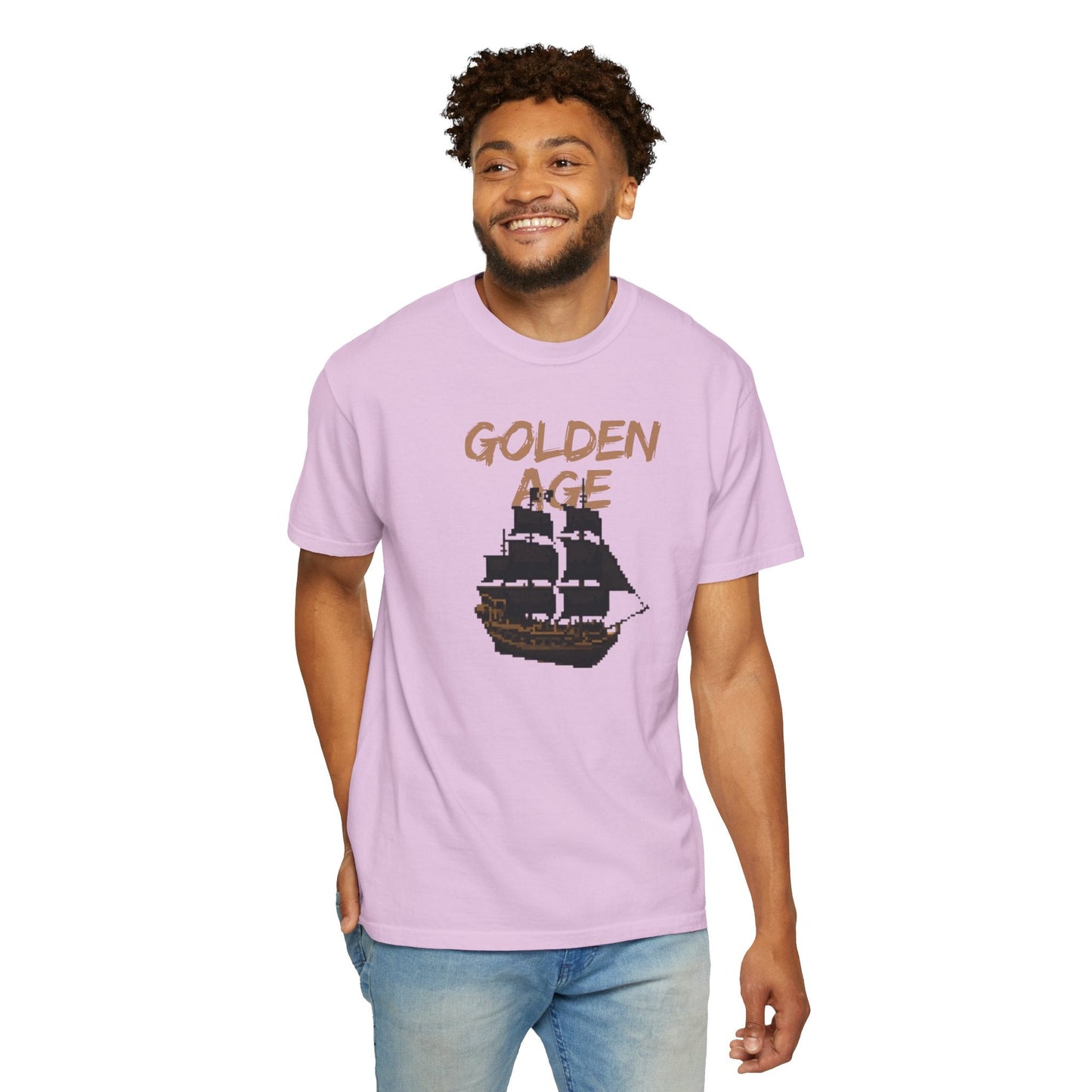 Golden Age Retro Pixel Art Pirate Ship Graphic Tee | Unisex Comfort Colors 1717  Designed By Aprasi