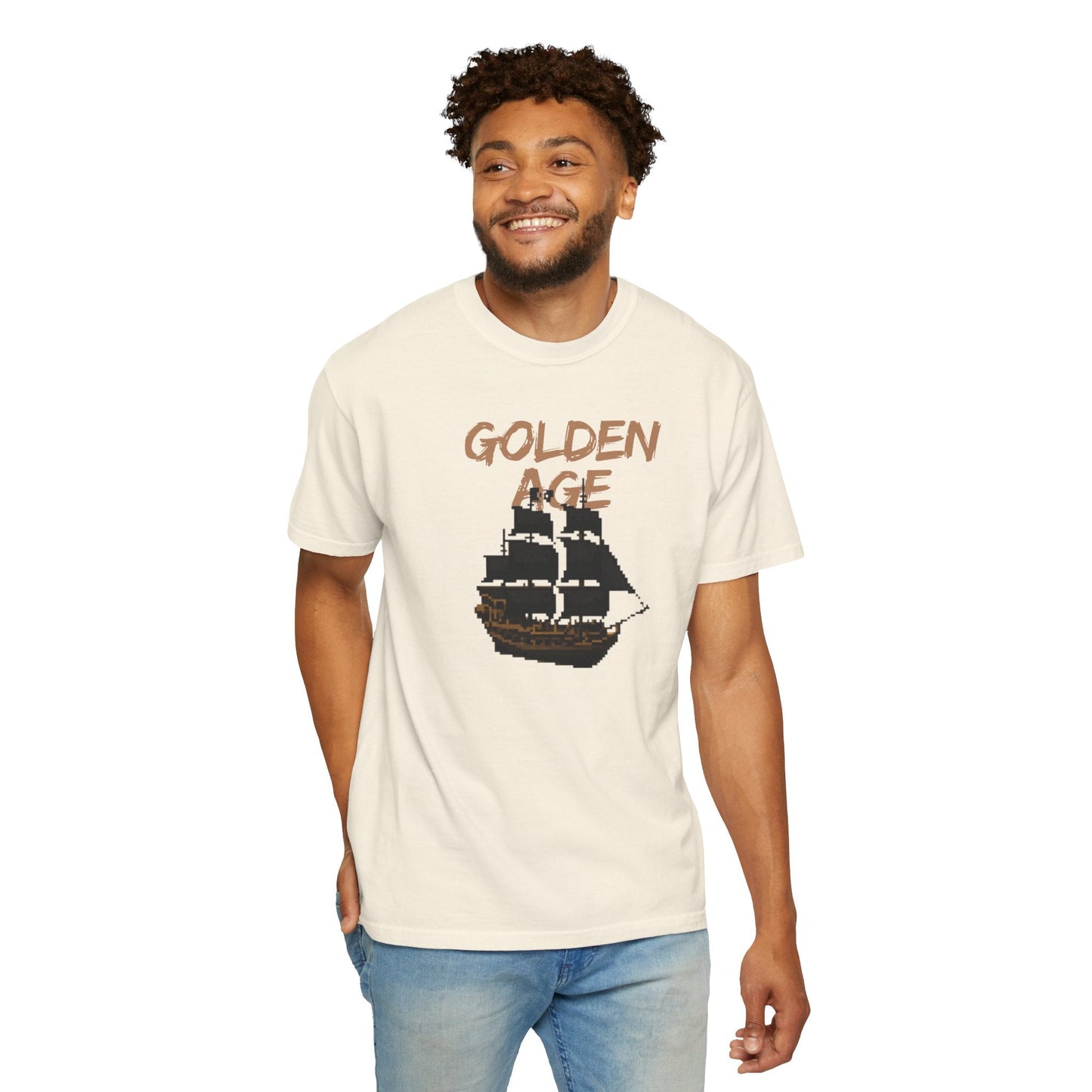Golden Age Retro Pixel Art Pirate Ship Graphic Tee | Unisex Comfort Colors 1717  Designed By Aprasi