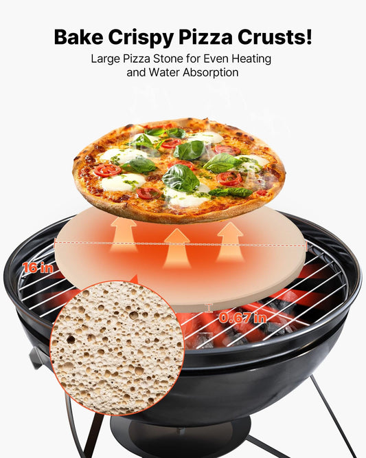 Round pizza stone holding a baked pizza crust on a grill rack