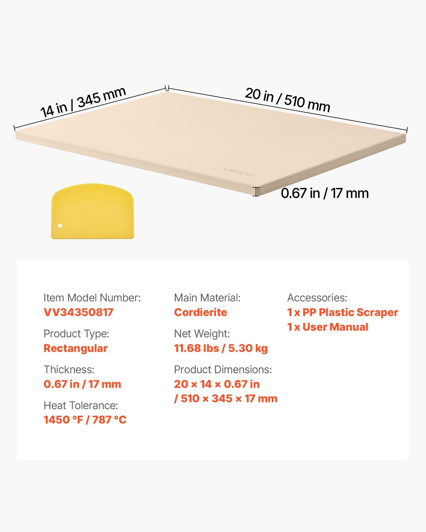 Pizza Stone, 508 x 355 mm Rectangular Cordierite Pizza Stone, Extra Large Baking-Stone with PP Scraper, 17 mm Thick Heat-Resistant Cordierite, for Oven, Baking Bread & Pizzas, BBQ Grilling