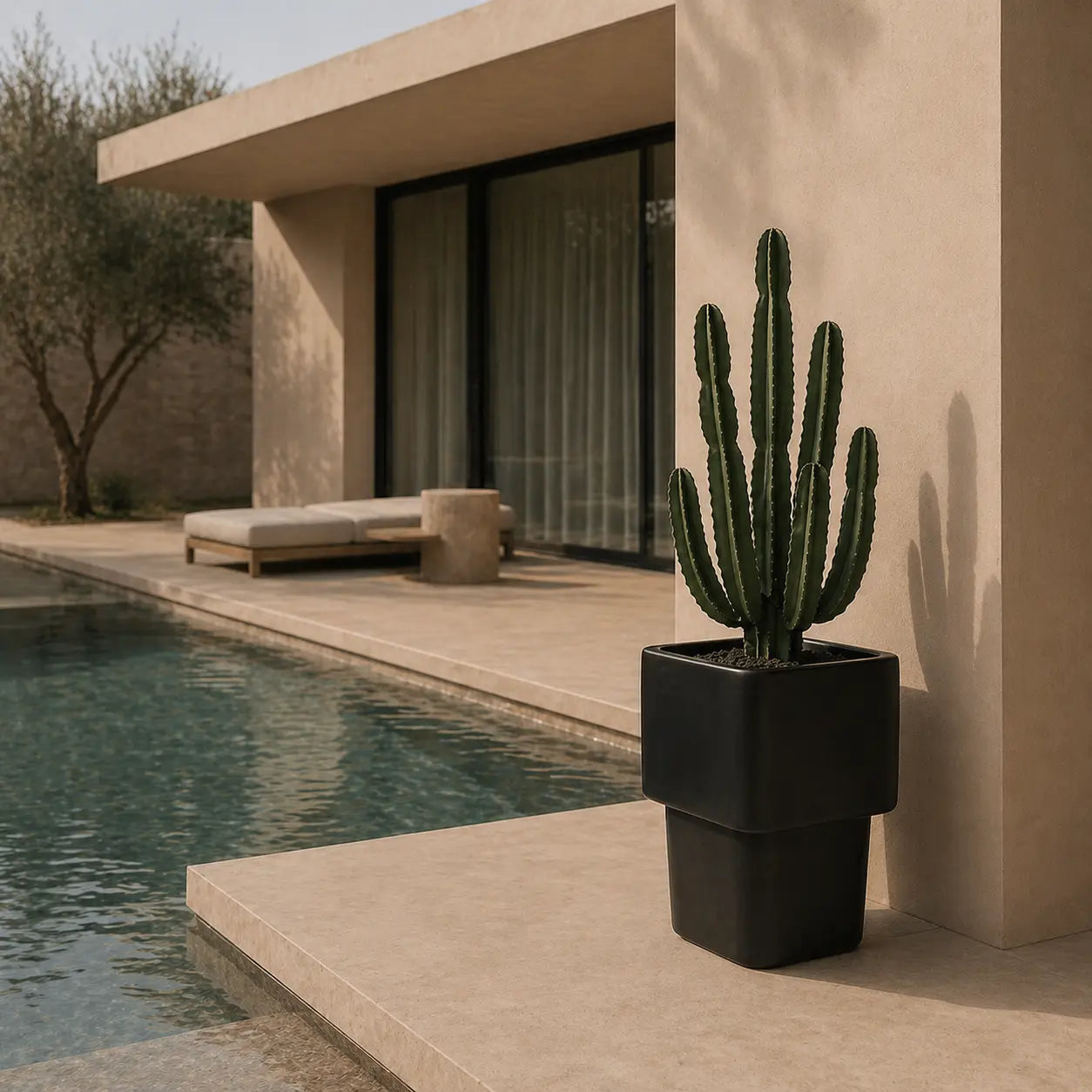 Charcoal stacked cube planter with potted cactus by a pool edge