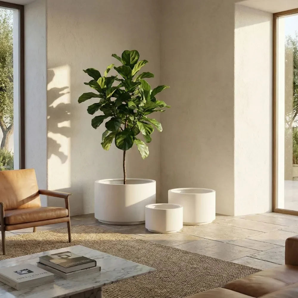 Indoor plant pot set with a tall white planter and three round pots