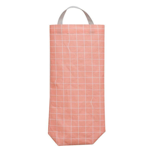 Red plastic bag hanger organizer pouch with carry handle and grid pattern