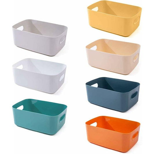 Plastic storage baskets set in multiple colors, each with side handle cutouts