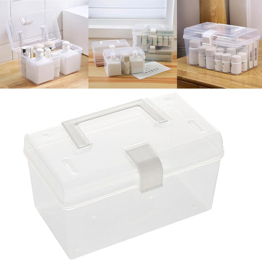 Clear plastic storage box with hinged lid and side handle latch, open